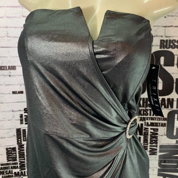 Trixxi Gray Metallic Faux Wrap Strapless Dress - Picture 2 of 6
